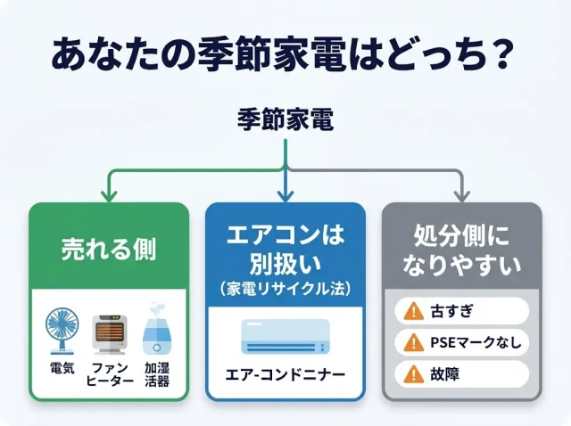 まず仕分け:あなたの季節家電は「売れる」「処分費がかかる」どっち?
