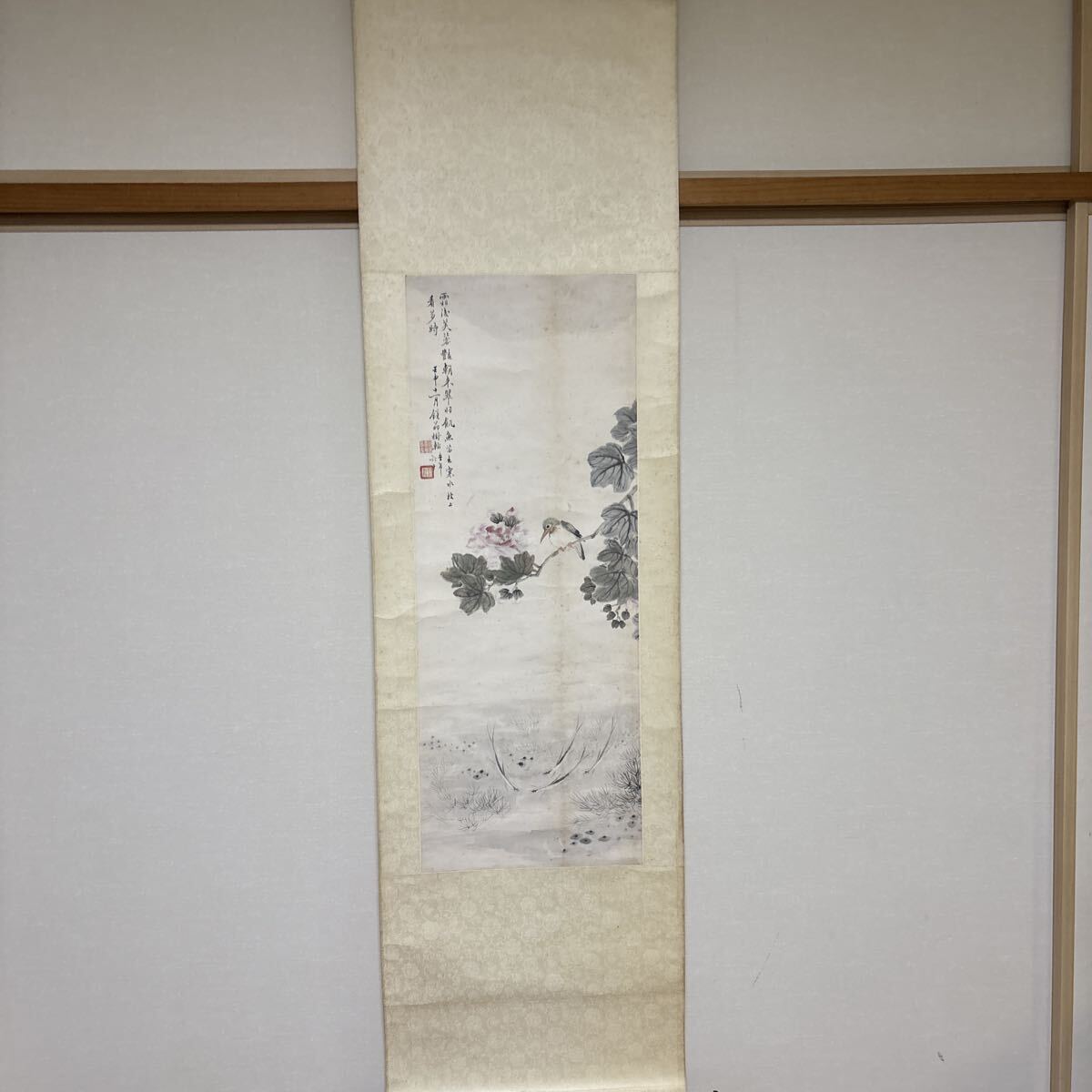掛軸 花鳥図 水墨画 紙本 中国古美術