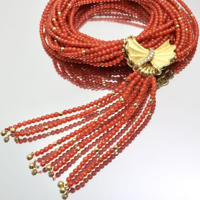 K18 天然本珊瑚 天然ダイヤモンド ロングネックレス 75.0cm