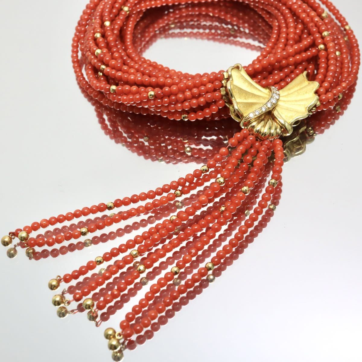 K18 天然本珊瑚 天然ダイヤモンド ロングネックレス 75.0cm