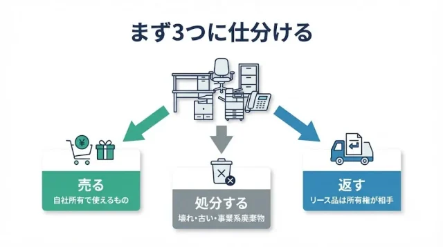 事務所移転の不用品は「売る・処分する・返す」の3つに分ける
