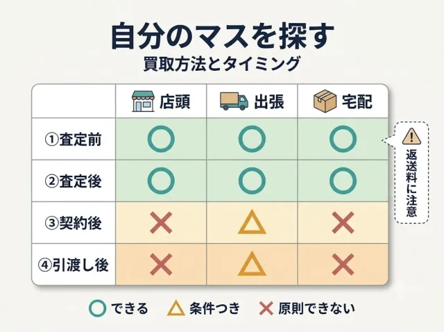 【早見表】買取方法×タイミング別 キャンセル可否・費用一覧