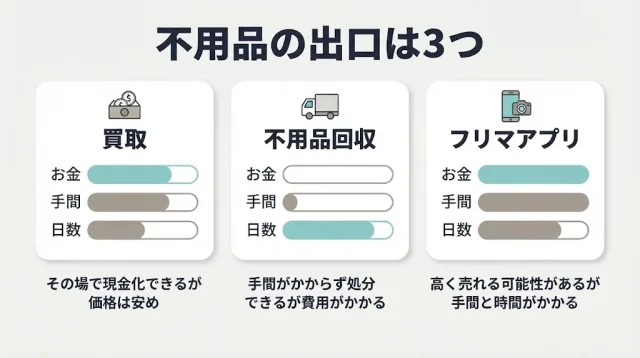 一人暮らしの不用品、「買取・処分・フリマ」のどれが向いているか