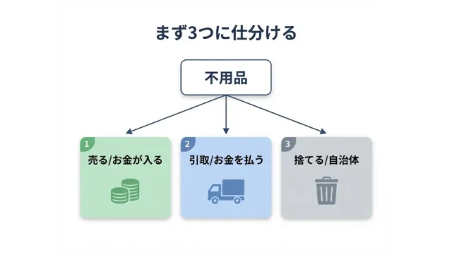 引っ越しの不用品は「売る・引取・捨てる」に仕分けるのが正解