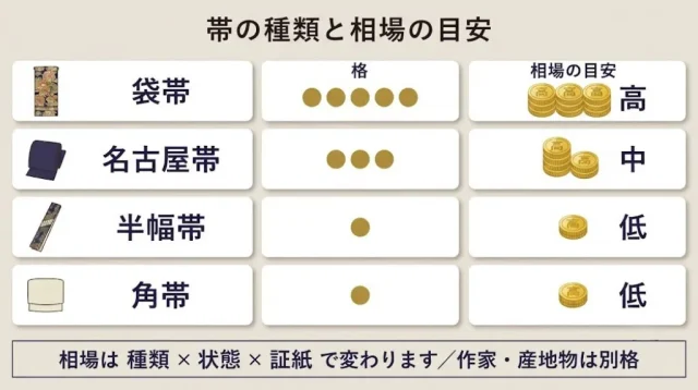 帯の種類と買取相場の目安
