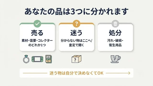 あなたの品は「売れる/迷う/処分」の3つに分かれます
