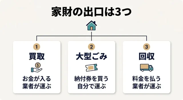 結論:廿日市市の片付けは「買取・市の大型ごみ・回収」の3ルートに分けると進む