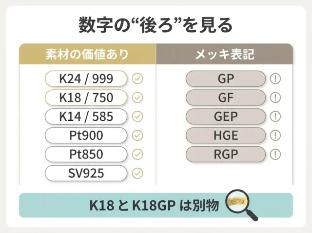 刻印の見方｜K18・750・Pt850・SV925・GPの違い
