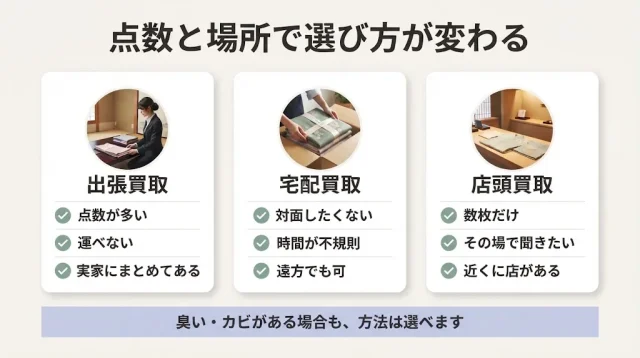 状態が悪い着物はどう出すのがよい?出張・宅配・店頭の選び方