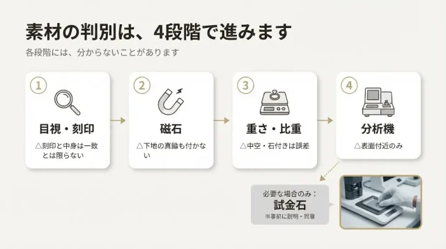 買取店では、どの順番で素材を判別しているのか