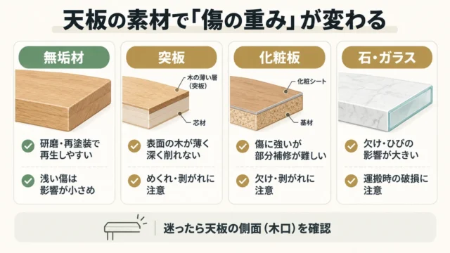 天板の査定ポイント:素材によって傷の重みが変わる