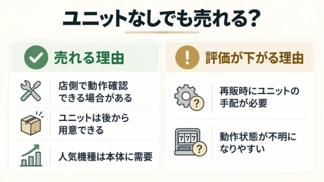 ユニットなしでも売れる可能性はあるが、評価は付属品次第で変わる
