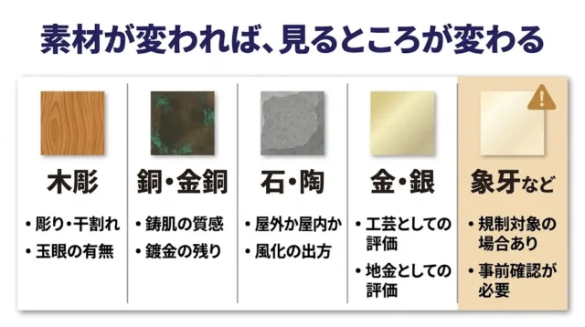 まず素材を見る｜木彫・銅・金銅・石で査定の見られ方はどう違うか