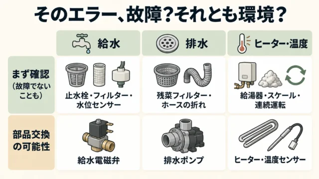 給水・排水・ヒーター故障はどう見られる？エラーの種類別の考え方