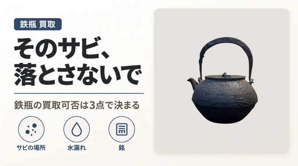 骨董１ 鉄瓶 直し水漏れあります。 鉄瓶 サビ・水漏れでも売れる？3分判定フロー - 広島の総合リサイクル