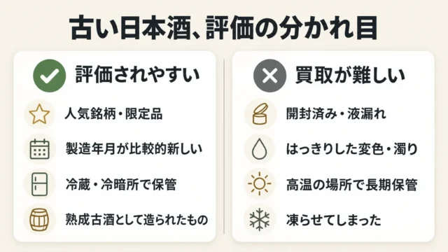 古い日本酒も売れる可能性はあるが「製造年月」と「保管状態」で評価が分かれる