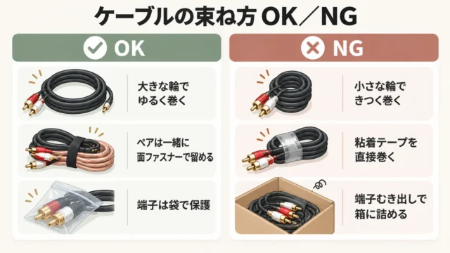 ペアを崩さず、端子を守って束ねる