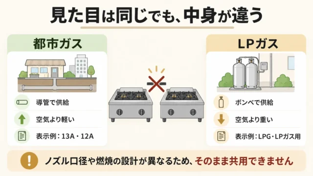 都市ガスとLPガスの違いと、厨房機器を共用できない理由
