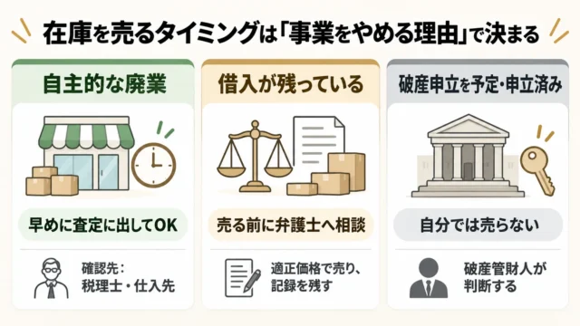 廃業なら早めに、倒産(法的整理)なら売る前に確認する