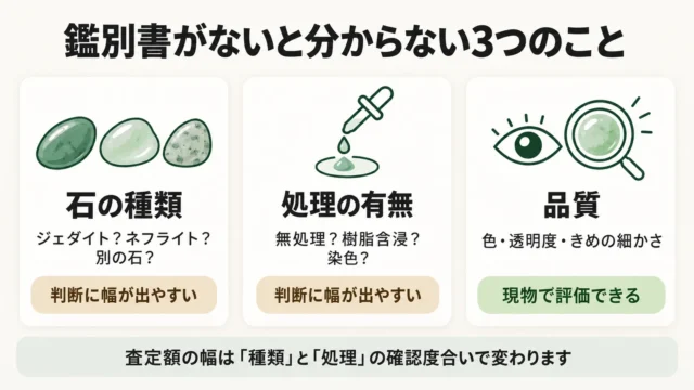 鑑別書がない翡翠も売れます。分からないのは「種類・処理・品質」の3点です