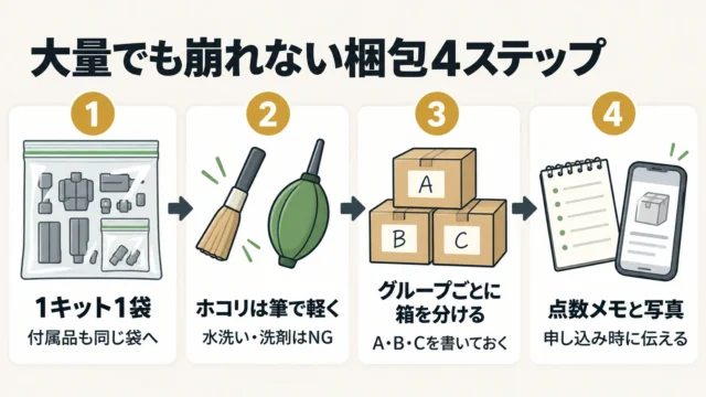 大量の組立済みガンプラの梱包手順