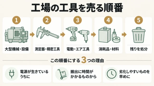 売る順番は「動く大型機械→測定器→電動工具→消耗品→残りを処分」