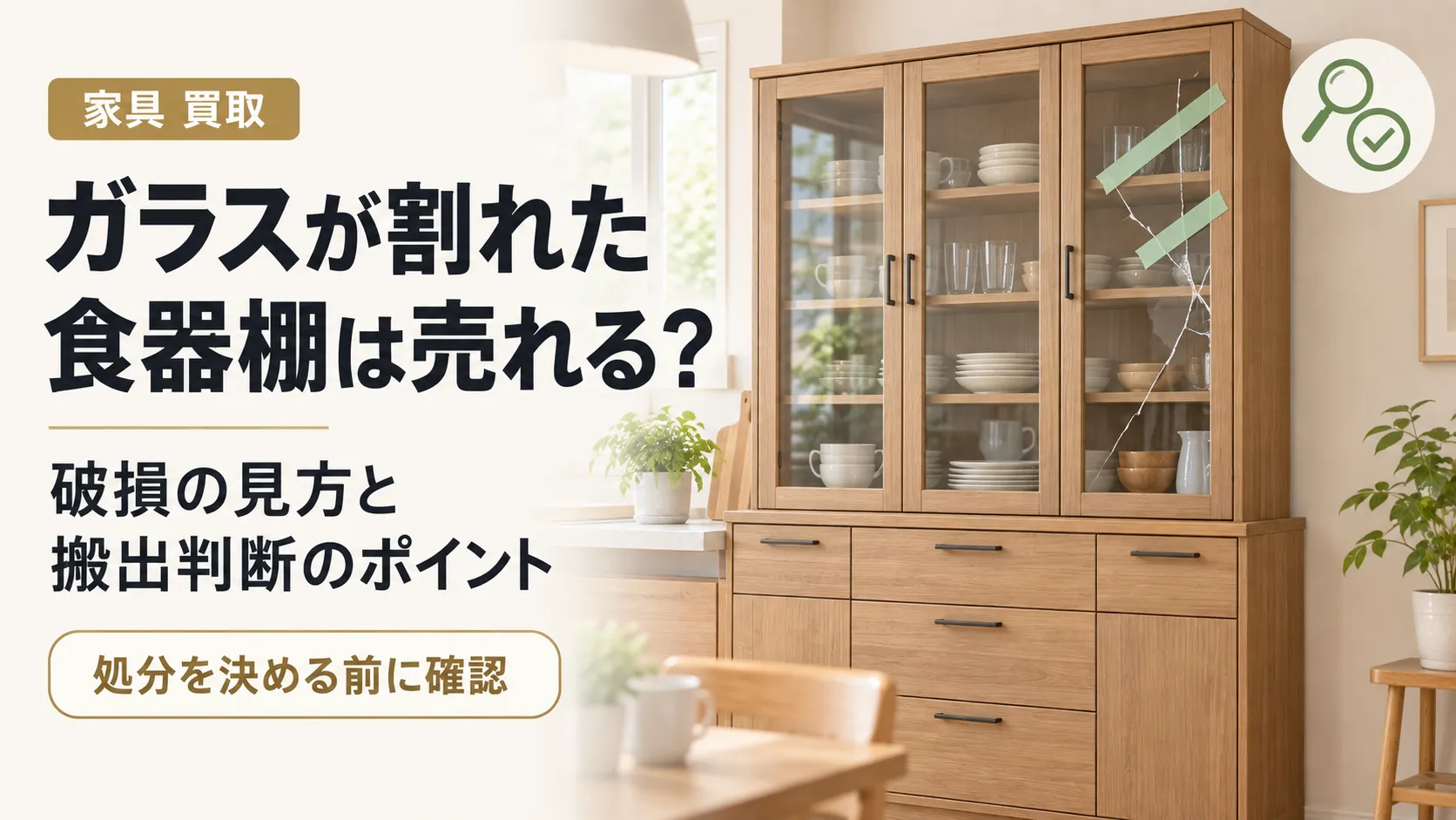 ガラスが割れた食器棚は売れる?大型家具の破損と搬出判断のポイント