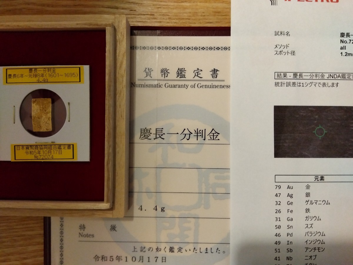 慶長一分判金 鑑定書・成分分析検査書・桐箱付
